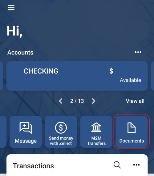 mobile banking dashboard screen with cirlced in red Documents shortcut widgit